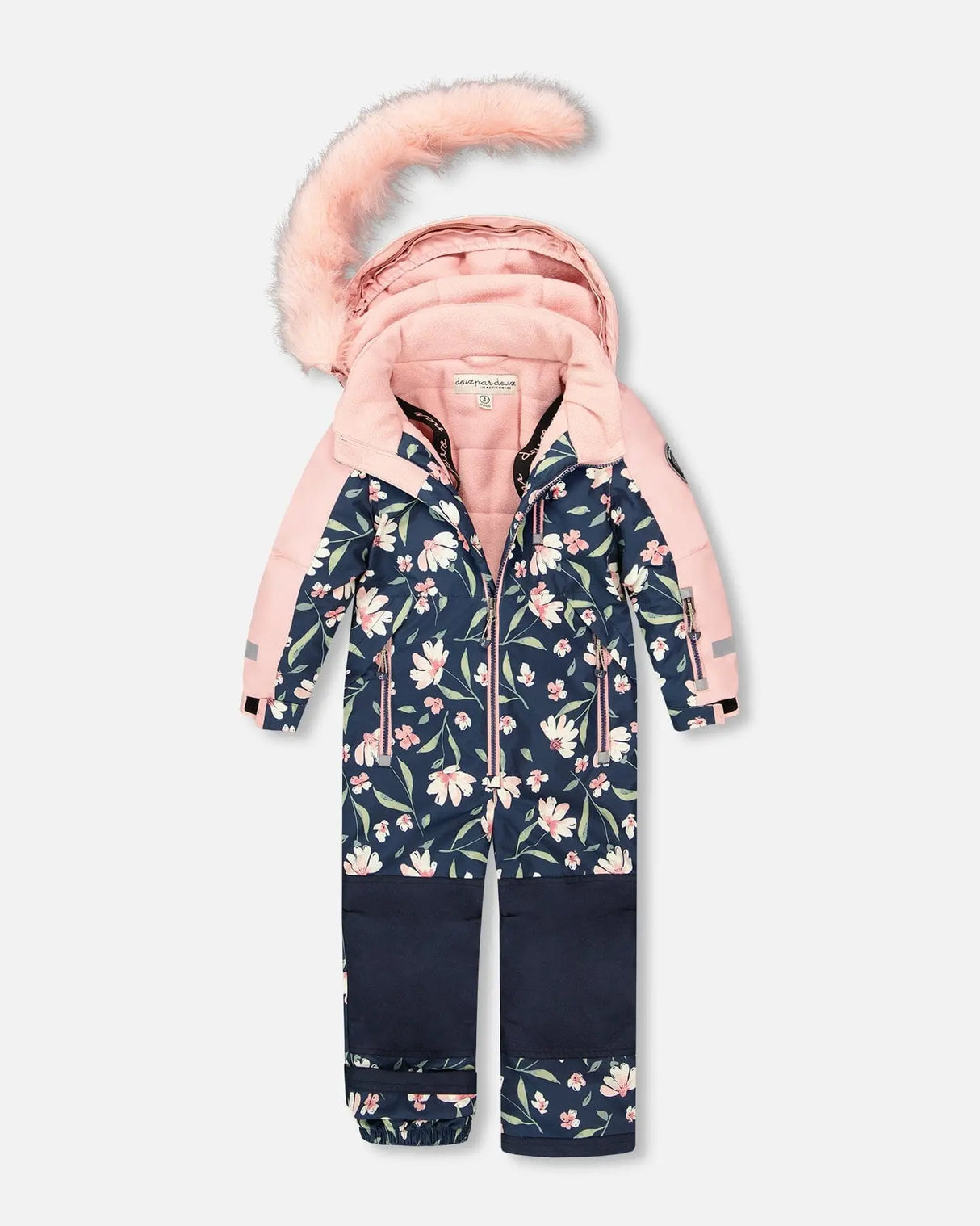 Flat lay of navy flower one-piece snowsuit with detachable hood and beltz