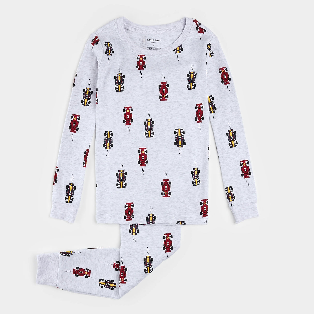Petit Lem kids race car print pajama set heather grey organic cotton