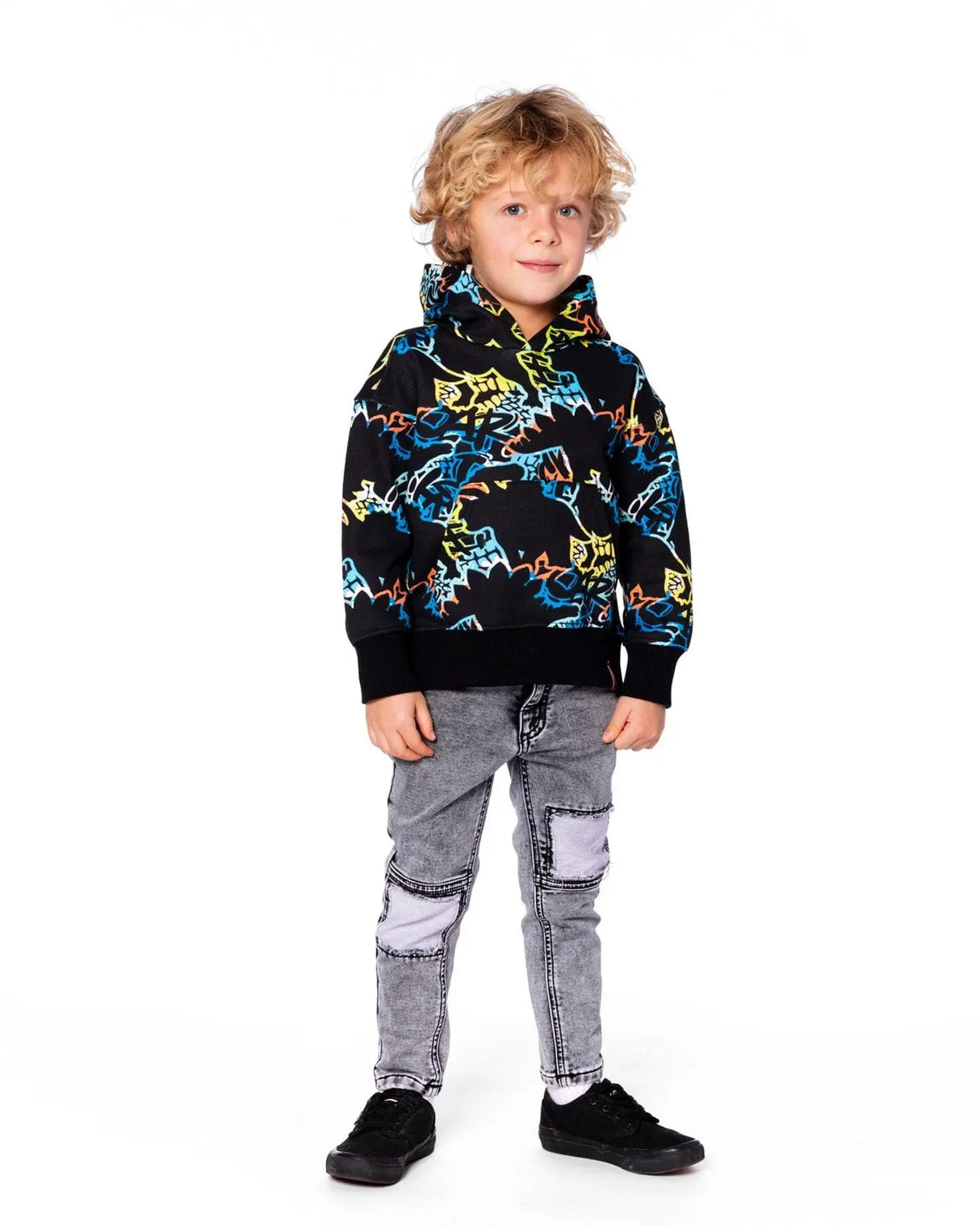 Printed Hooded Fleece Sweatshirt Black | Deux par Deux | Jenni Kidz