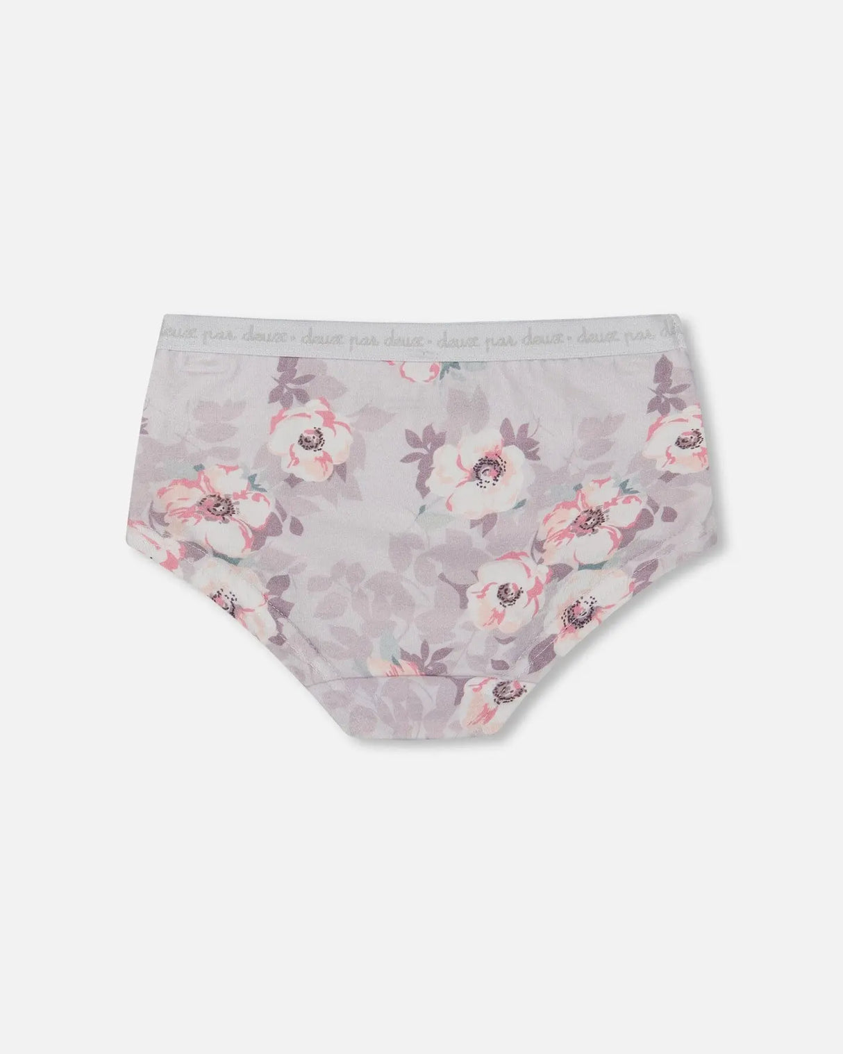 Printed Organic Cotton Boyshort Panty Pale Pink Flowers On Neutral Lilac | Deux par Deux | Jenni Kidz