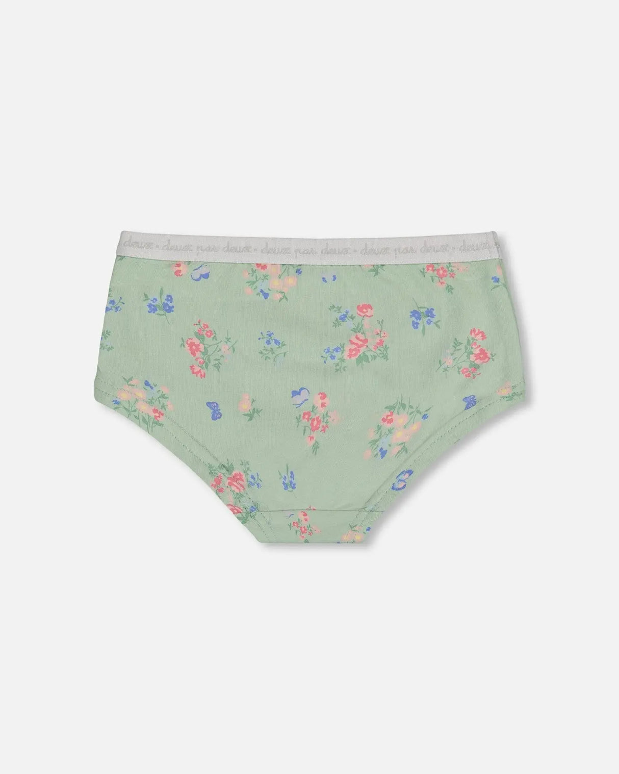 Printed Organic Cotton Boyshort Panty Small Pink And Blue Flowers On Light Sage | Deux par Deux | Jenni Kidz