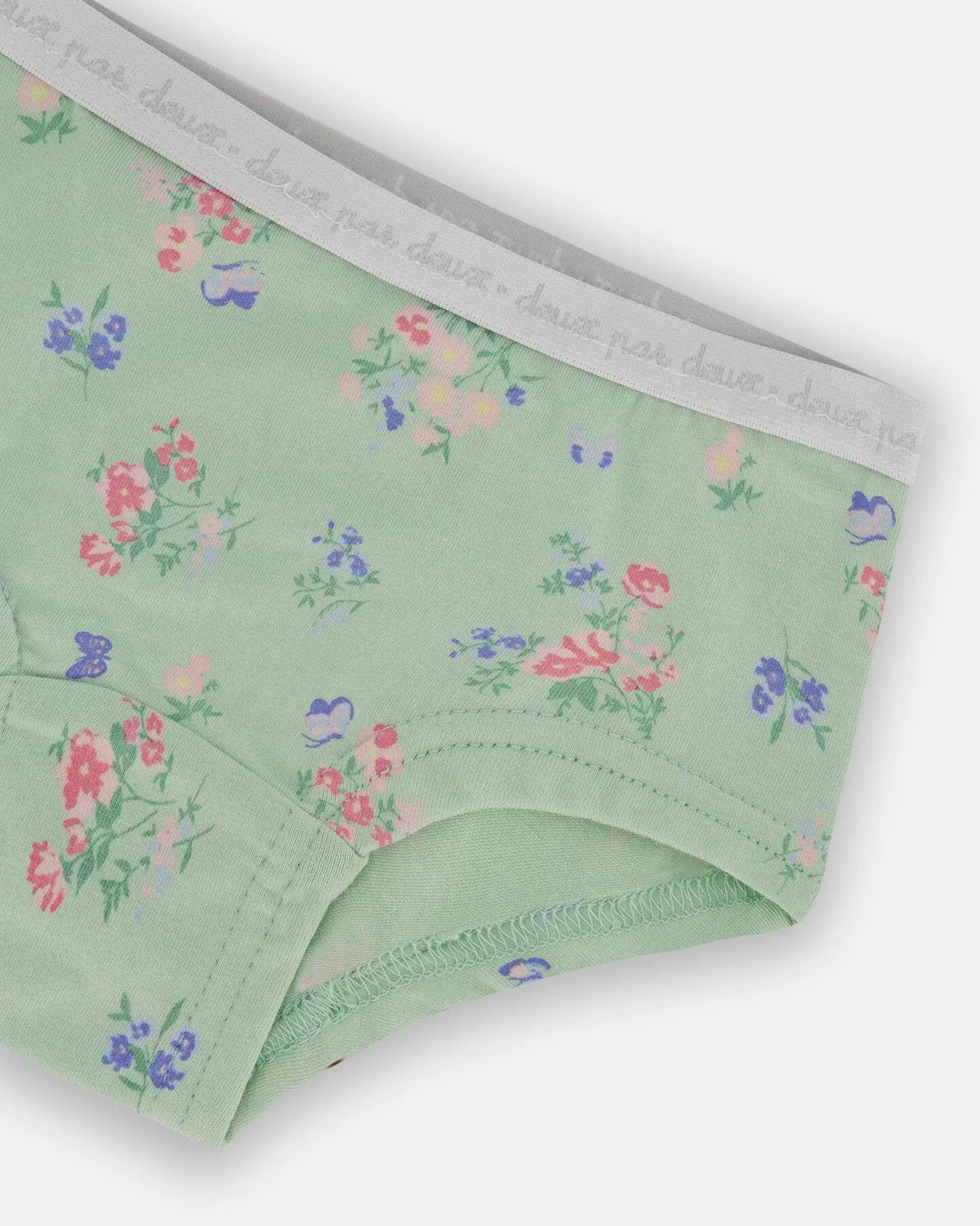 Printed Organic Cotton Boyshort Panty Small Pink And Blue Flowers On Light Sage | Deux par Deux | Jenni Kidz