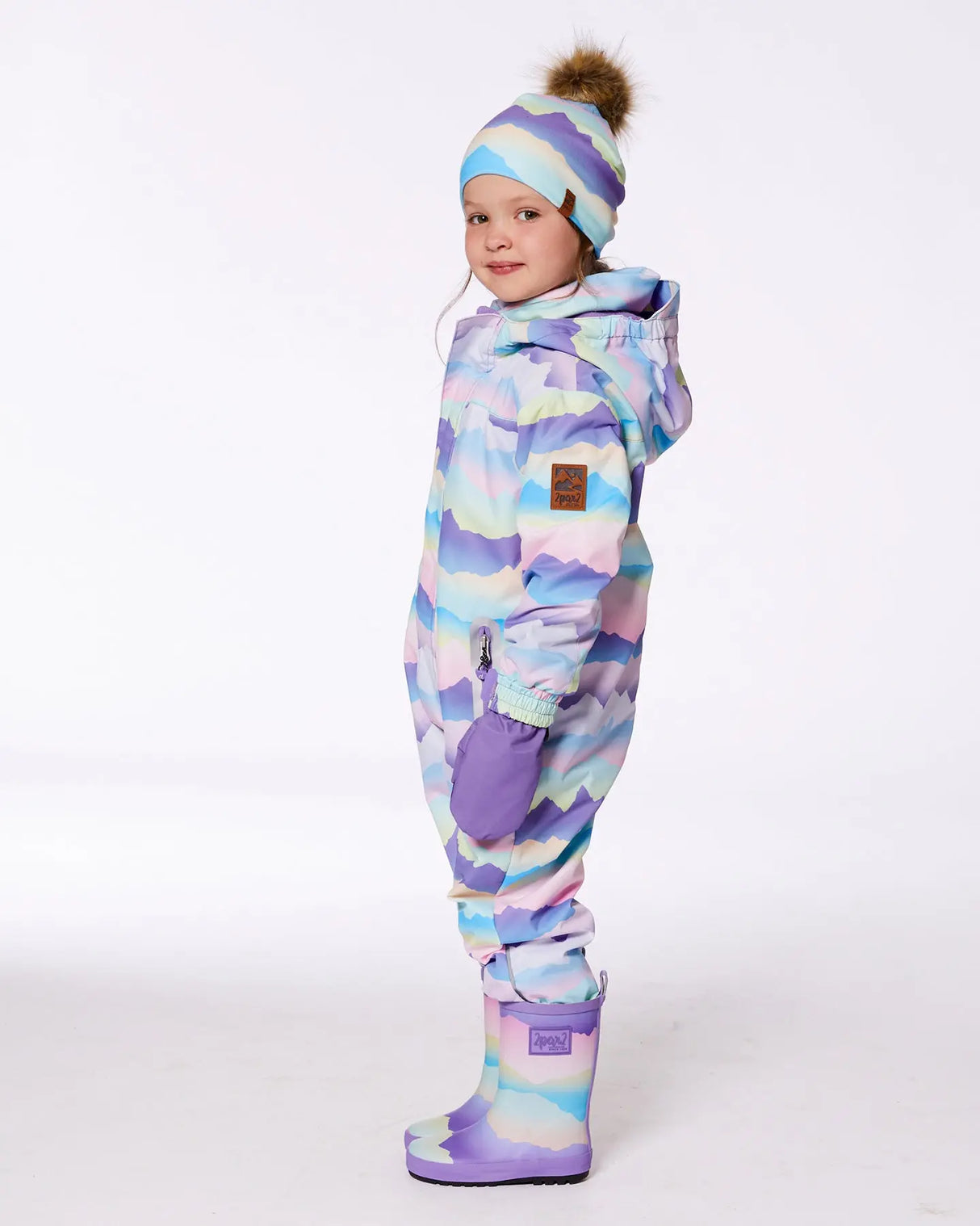 Printed Rain Boots Mauve And Blue, Pink Mountain | Deux par Deux | Jenni Kidz