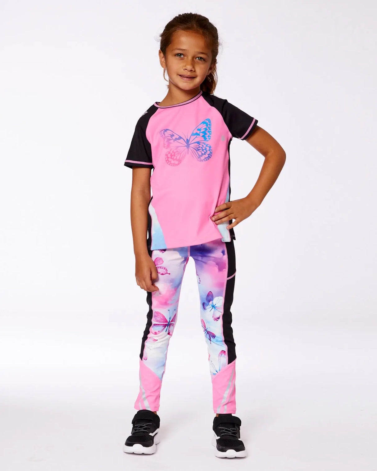 Printed Short Sleeve Athletic Top Pink With Butterflies | Deux par Deux | Jenni Kidz