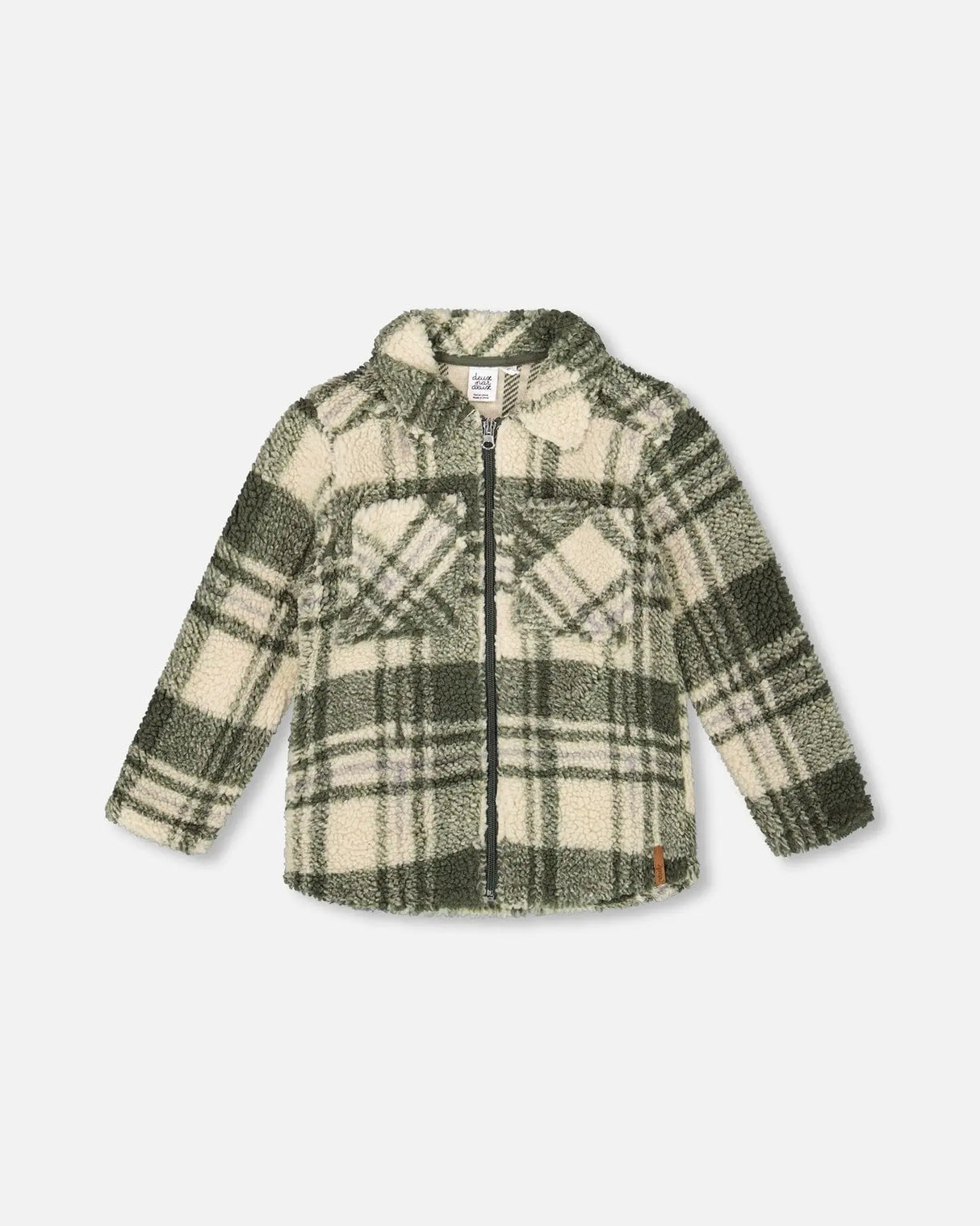 Sherpa Long Sleeve Zip Front Overshirt Sage And Beige Plaid | Deux par Deux | Jenni Kidz
