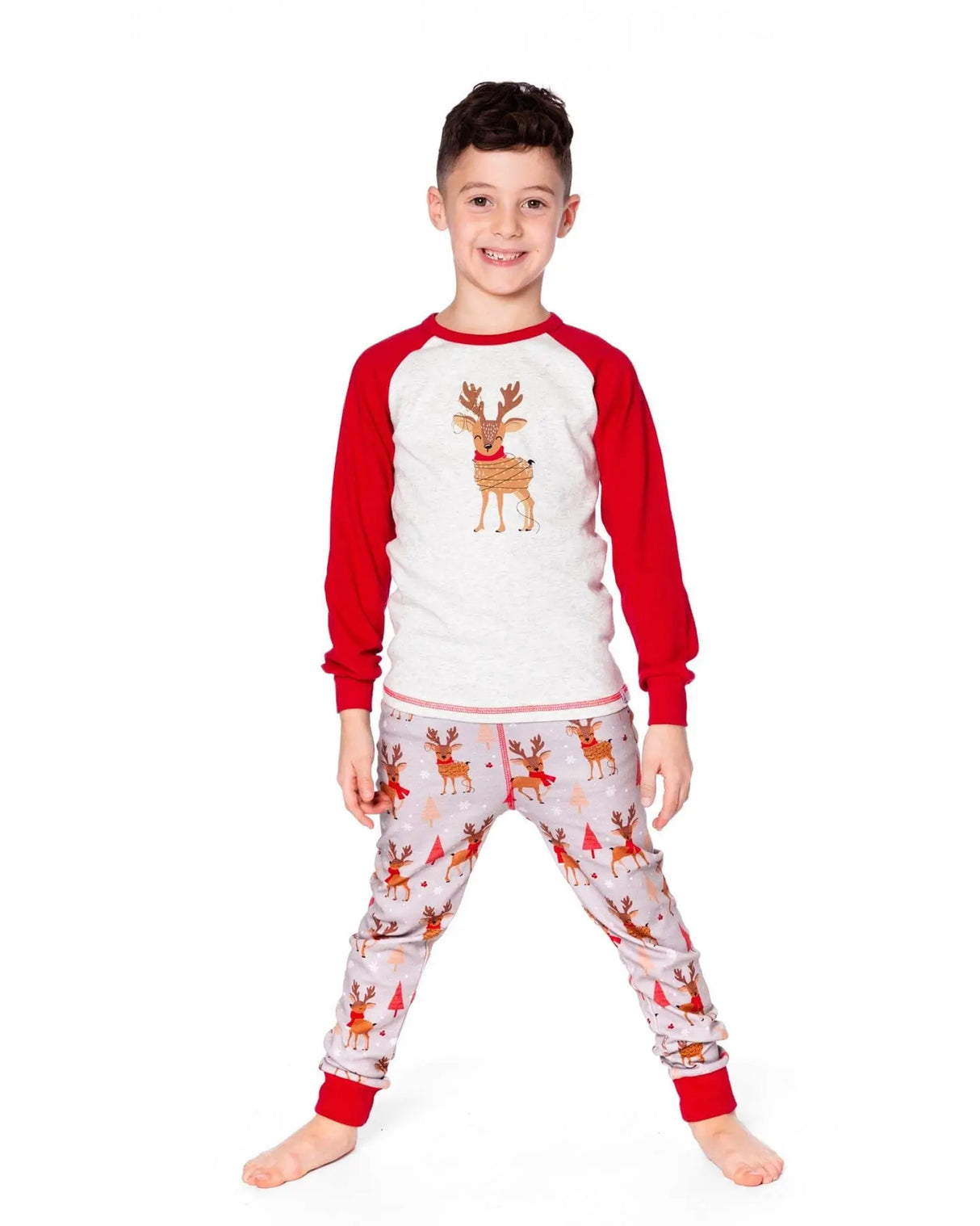 Two-Piece Organic Cotton Pajama Set Beige Reindeer Print | Deux par Deux | Jenni Kidz