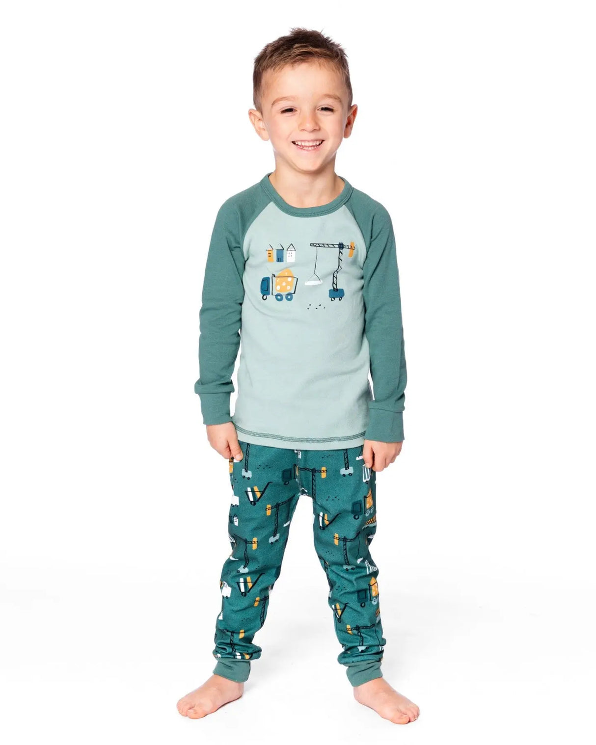 Two-Piece Organic Cotton Pajama Set Teal Construction Print | Deux par Deux | Jenni Kidz