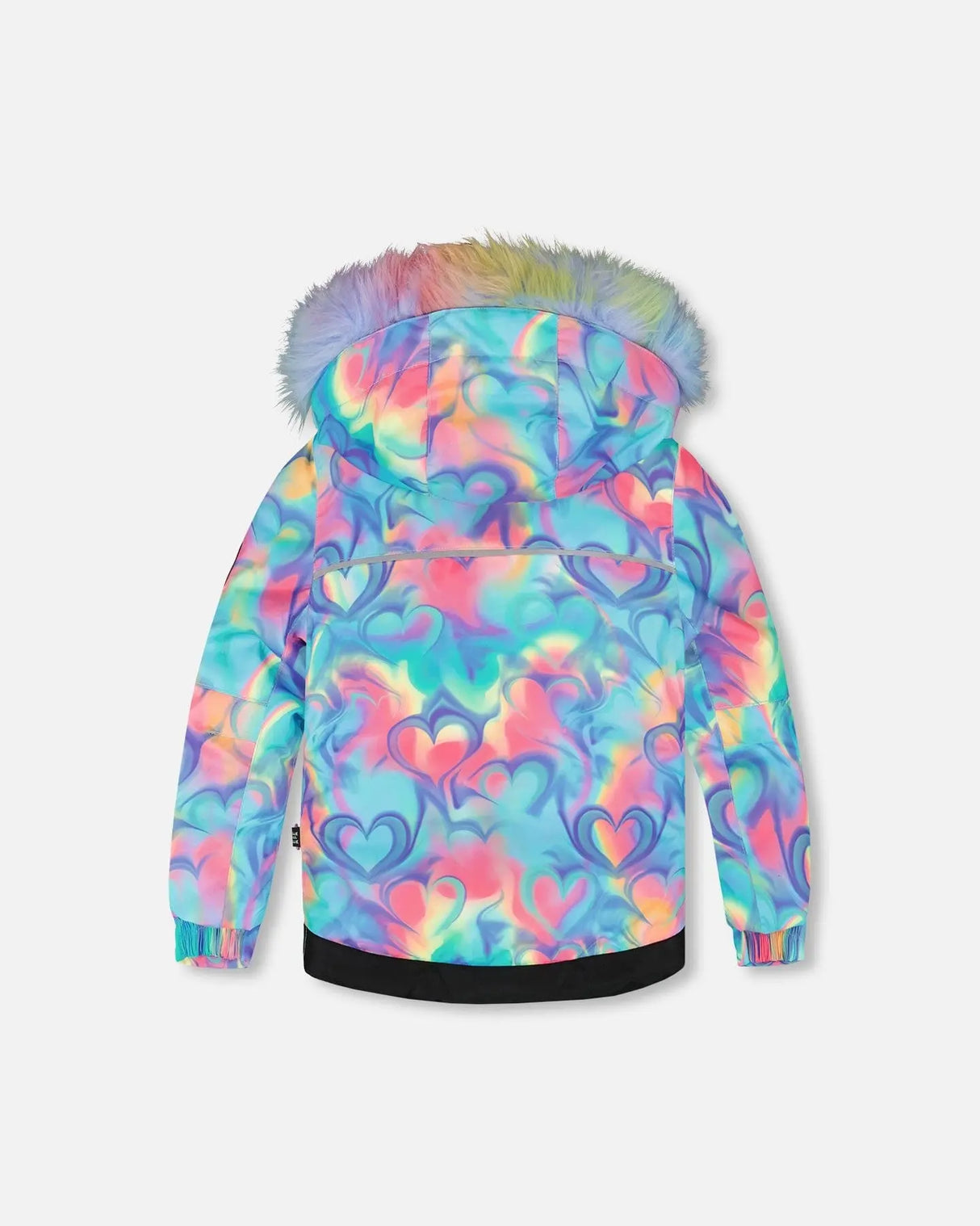 Back view of multicolor jacket with faux-fur hood — two-piece ski suit.