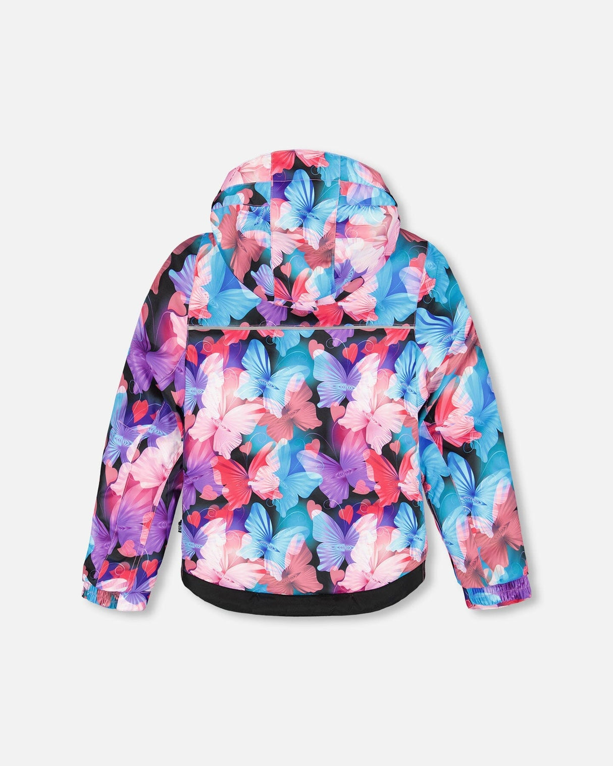 Back view of butterfly jacket with detachable hood, two-piece ski suit.