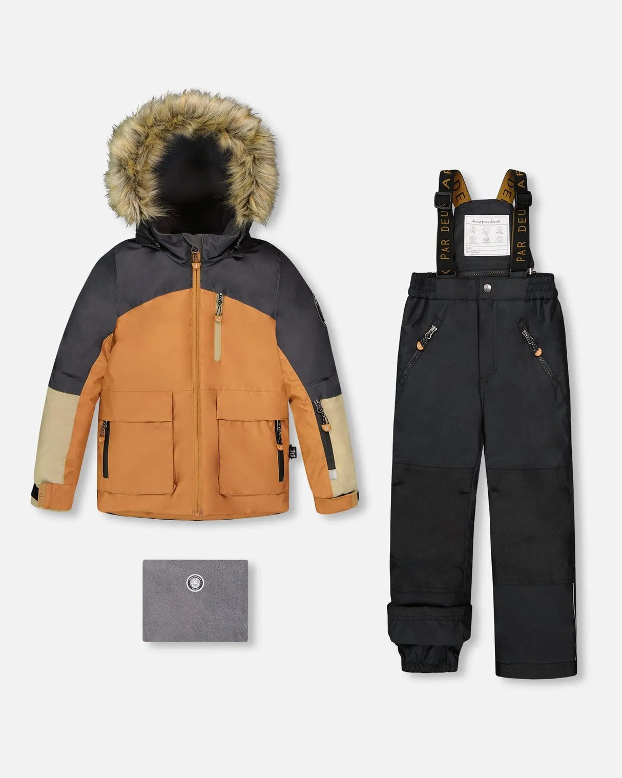 Boys two-piece ski suit — colorblock black/tan jacket with black pants, waterproof to -30C.