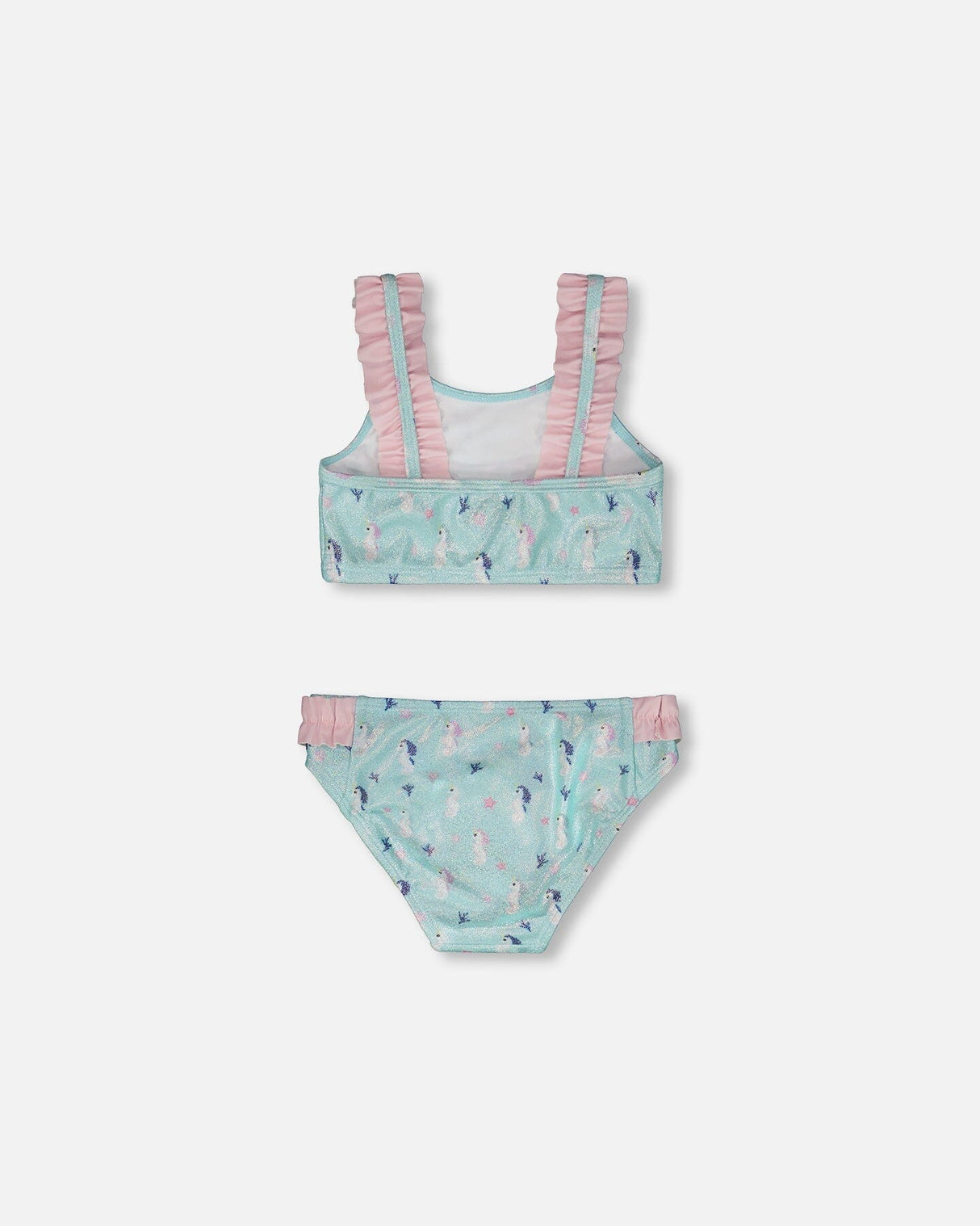 Flat view of Deux par Deux girls two-piece swimsuit showing frilled top and seahorse swim bottoms.