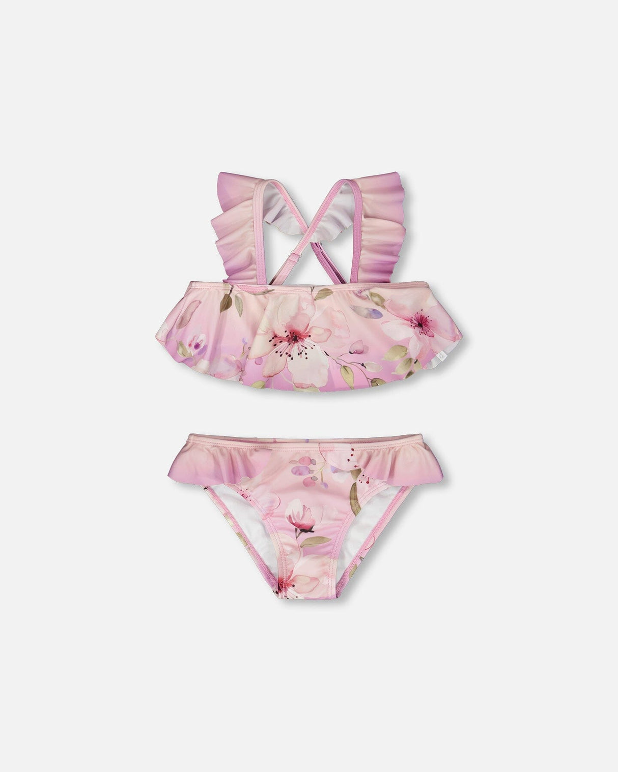 Front flat lay of Deux par Deux girl purple flower two-piece swimsuit with ruffled top and bottoms