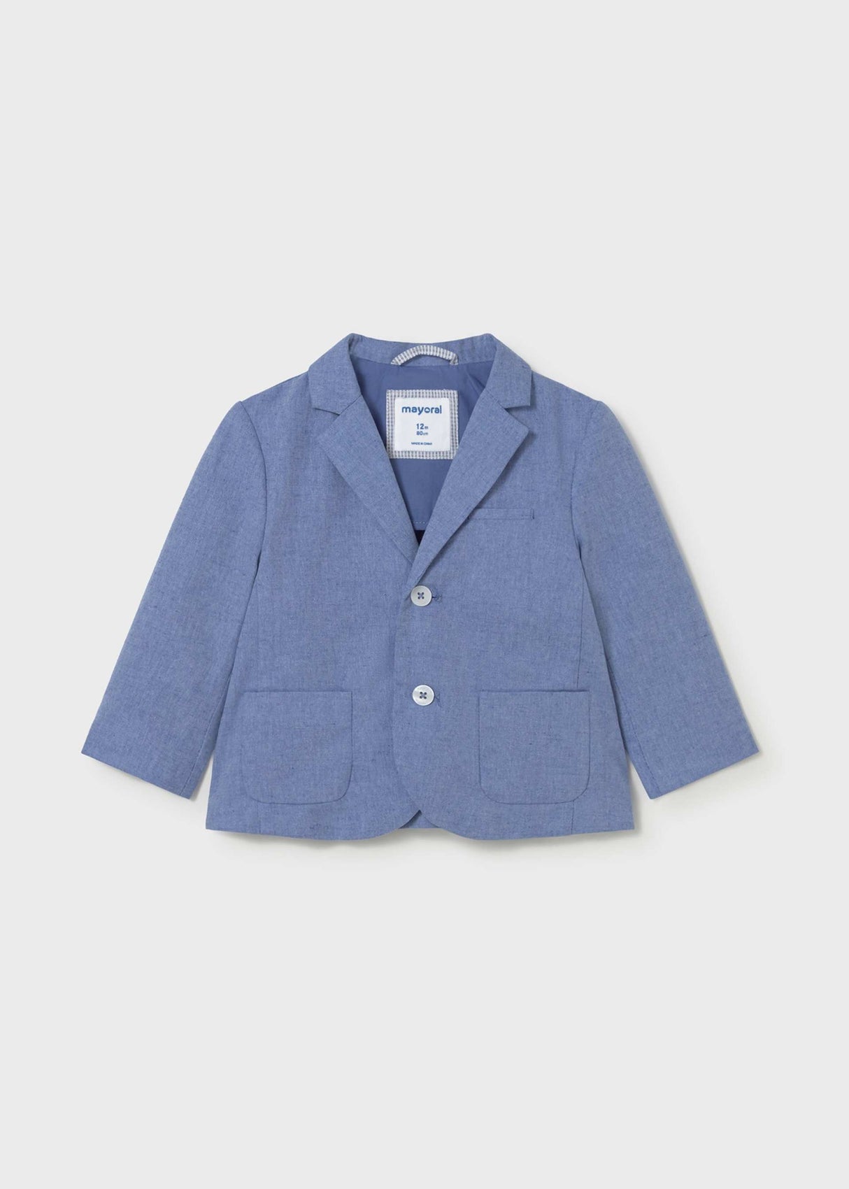Mayoral baby boy Capri Blue knit blazer with button front, patch pockets, and classic collar.