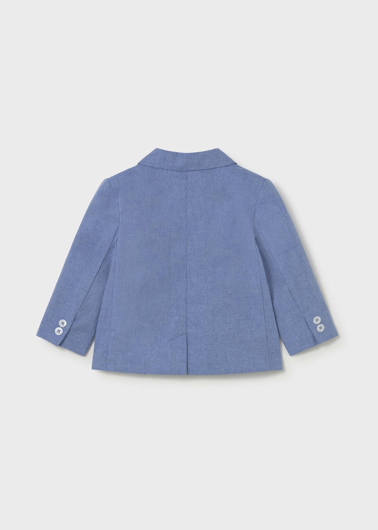Back view of Mayoral baby boy Capri Blue blazer showing smooth lined shape and long sleeves.