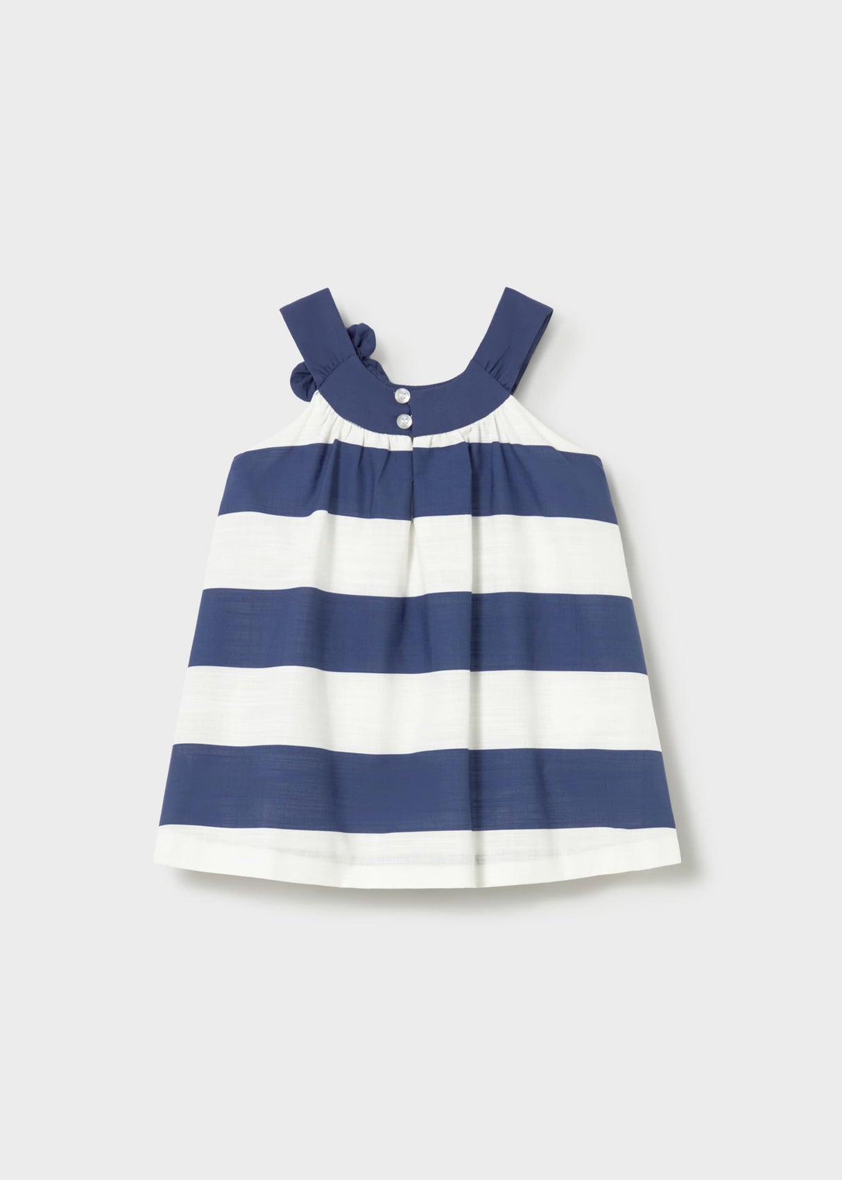 Back view of Mayoral baby girl striped dress with button closure and cotton lining.