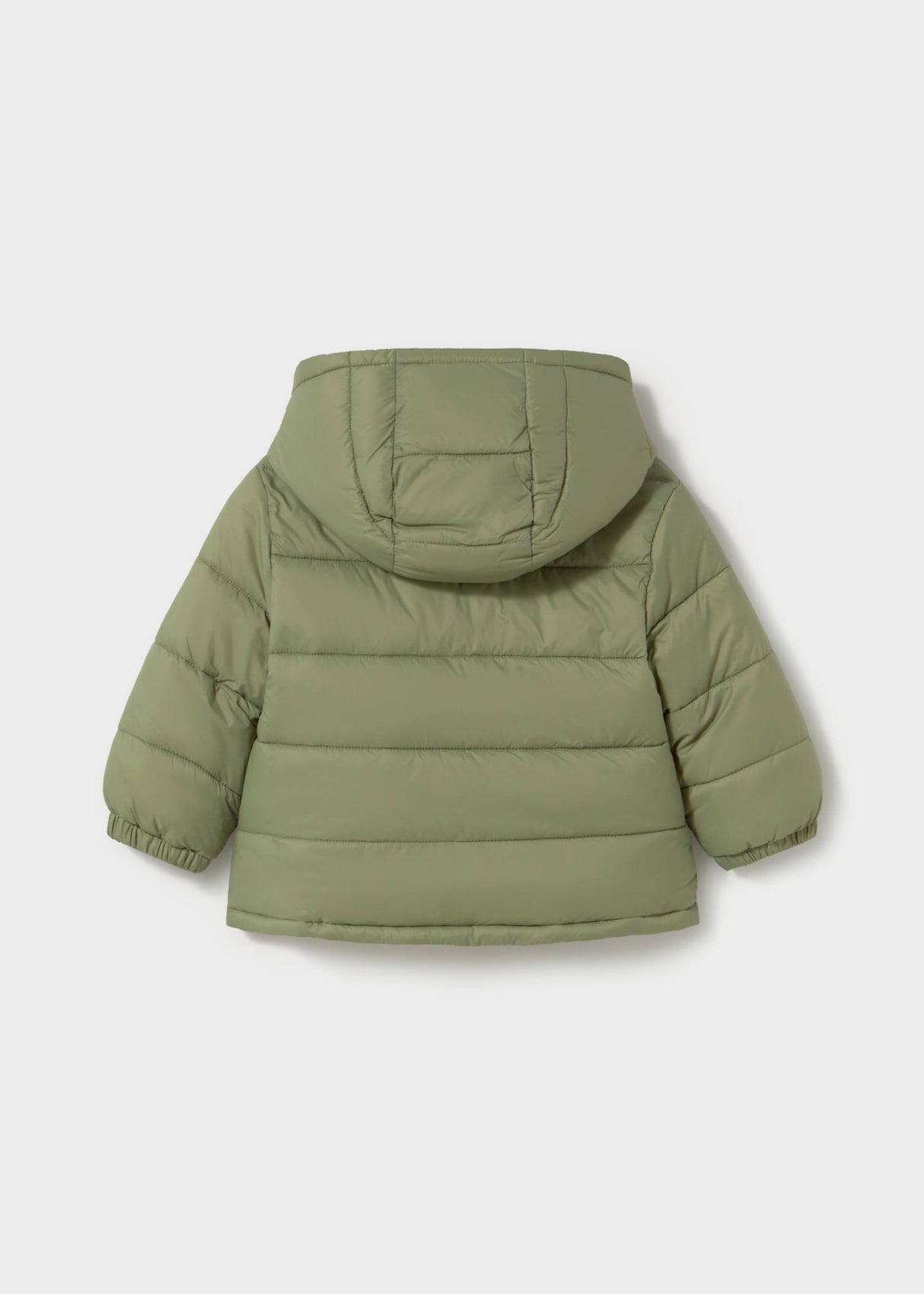 Back view of Mayoral baby boy Olive Green reversible puffer jacket with hood and padded winter finish.