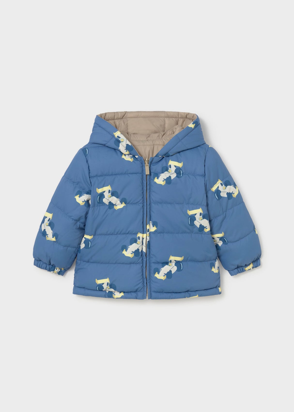 Mayoral baby boy reversible puffer jacket with printed Blue side, hood, zipper, and warm padded design.