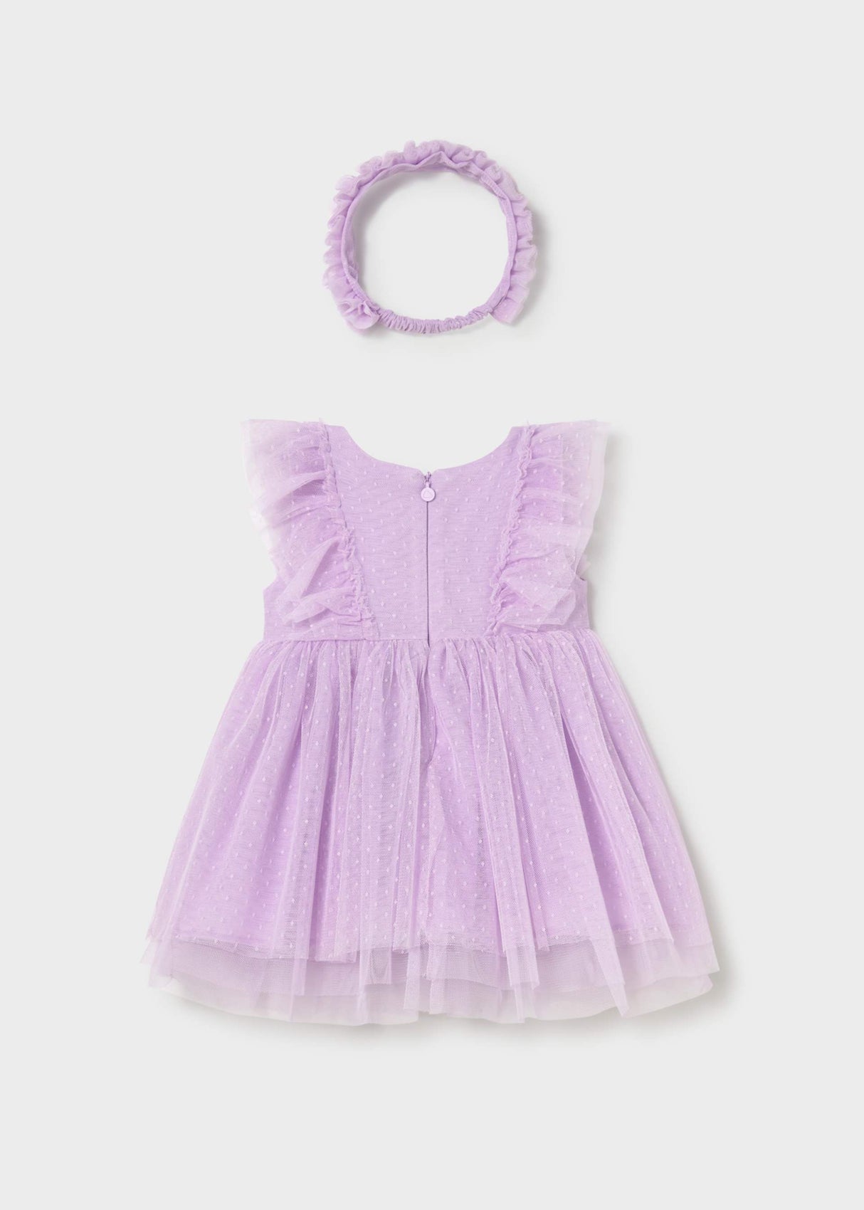 Mayoral Lilac tulle dress and headband set shown flat with airy Swiss dot skirt.