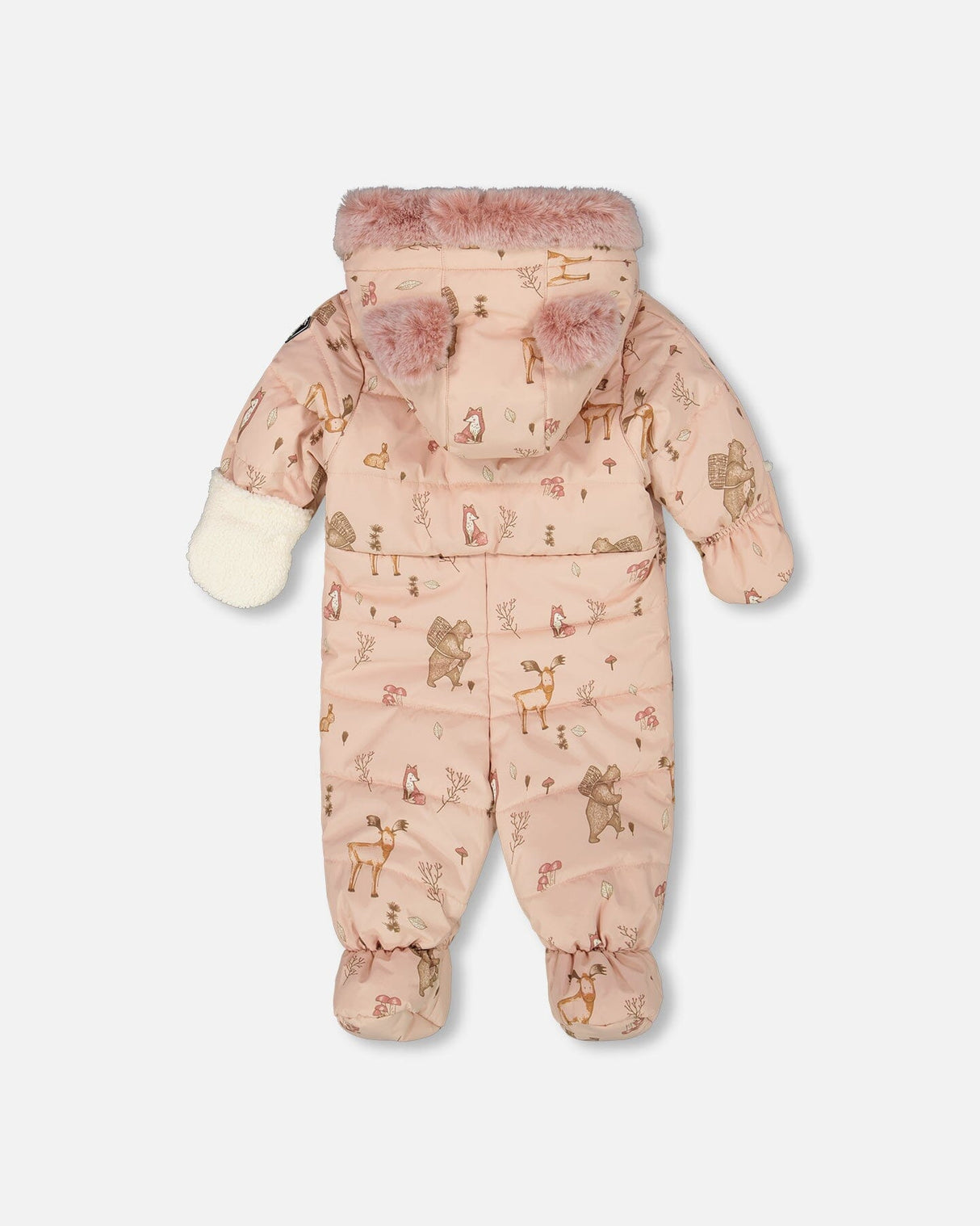 Back view of the pink animal print infant snowsuit showing quilting and included booties