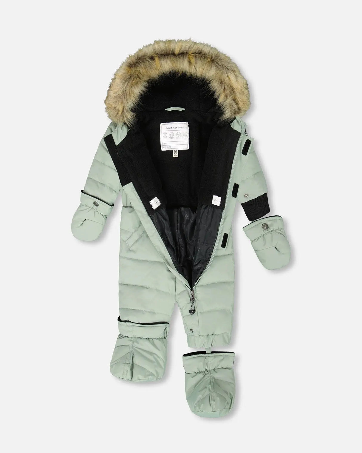 Gray-green one-piece baby snowsuit with detachable mitts and boots