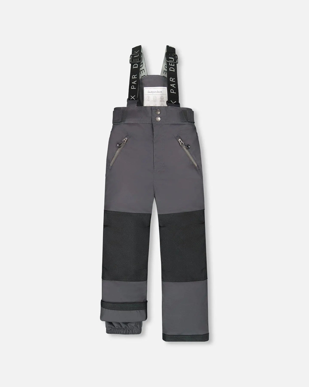 Flat lay of Deux Par Deux kids snow pants dark gray with suspenders
