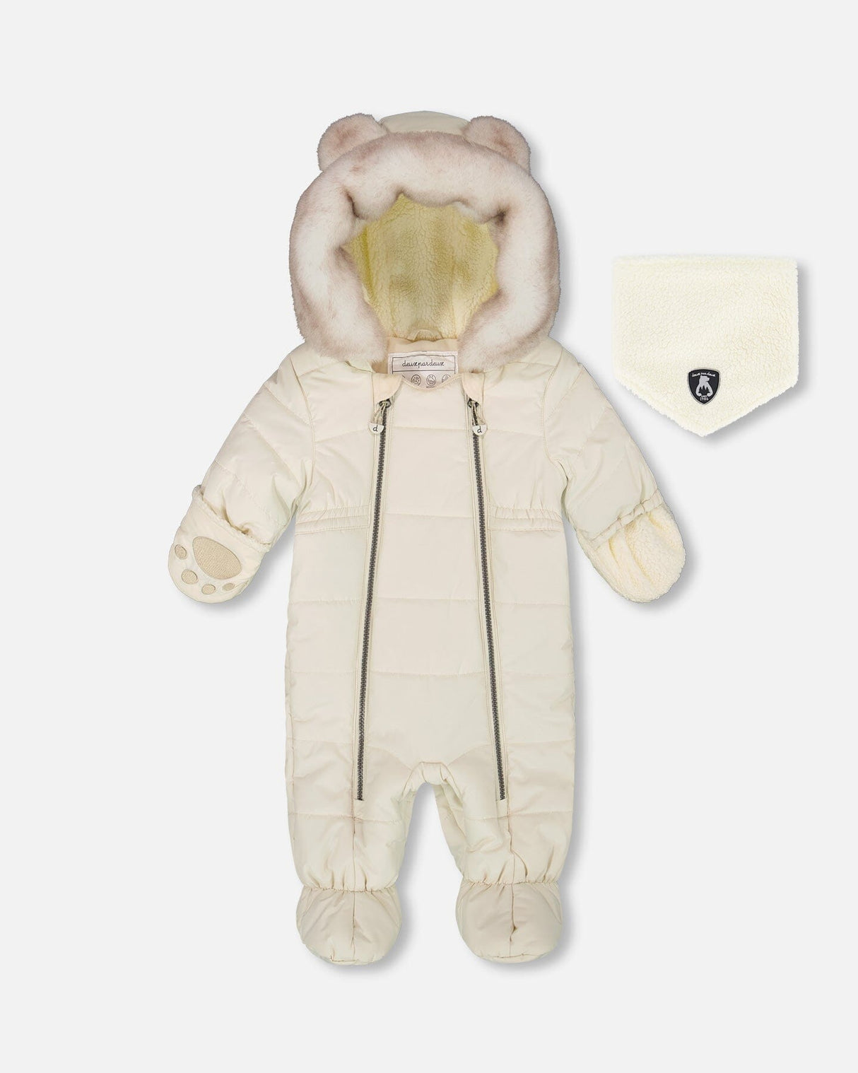 Flat lay front view of the Deux par Deux Baby Layette one-piece snowsuit in White Asparagus with hood and booties.