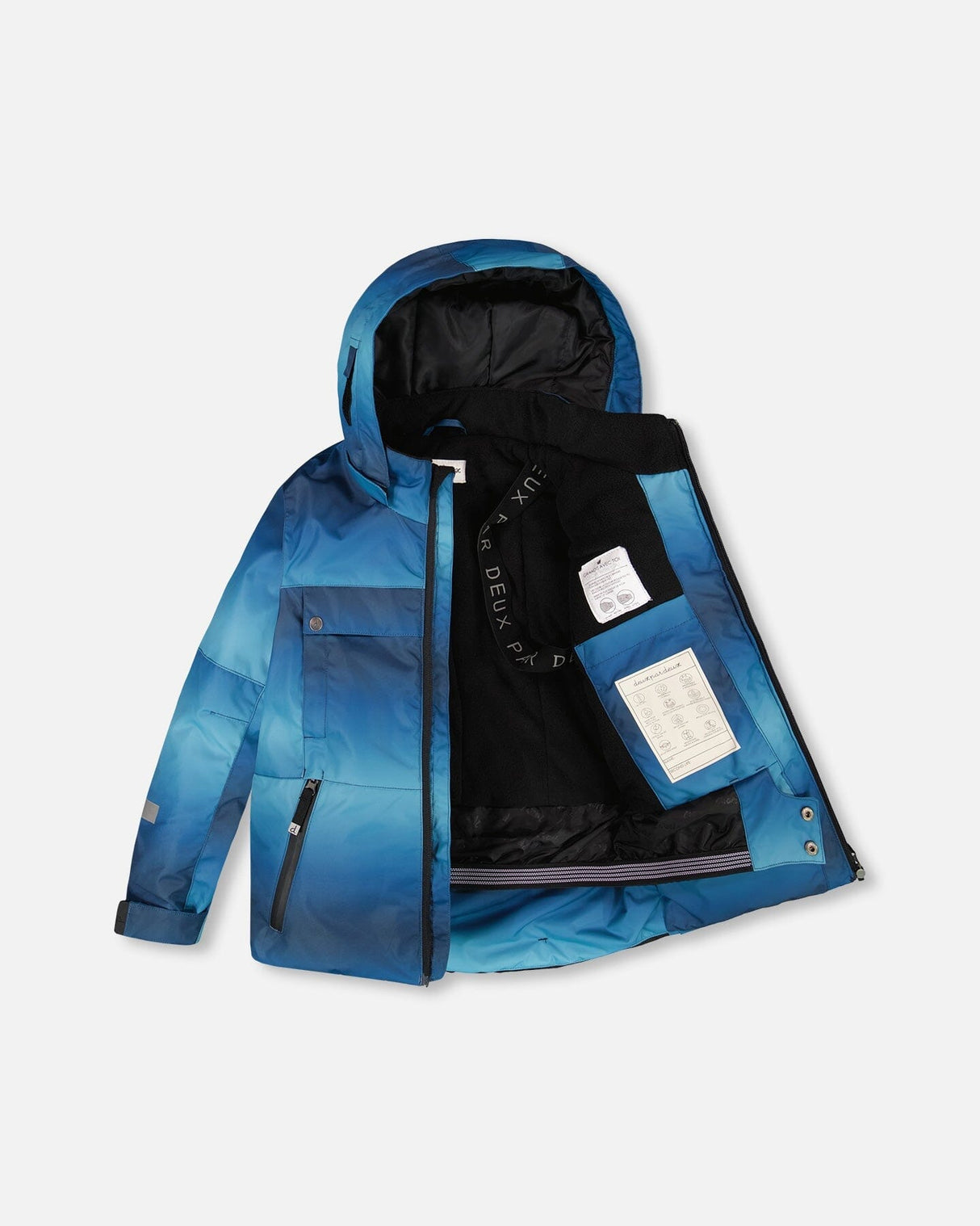 Side view of Deux par Deux teal gradient jacket with detachable hood