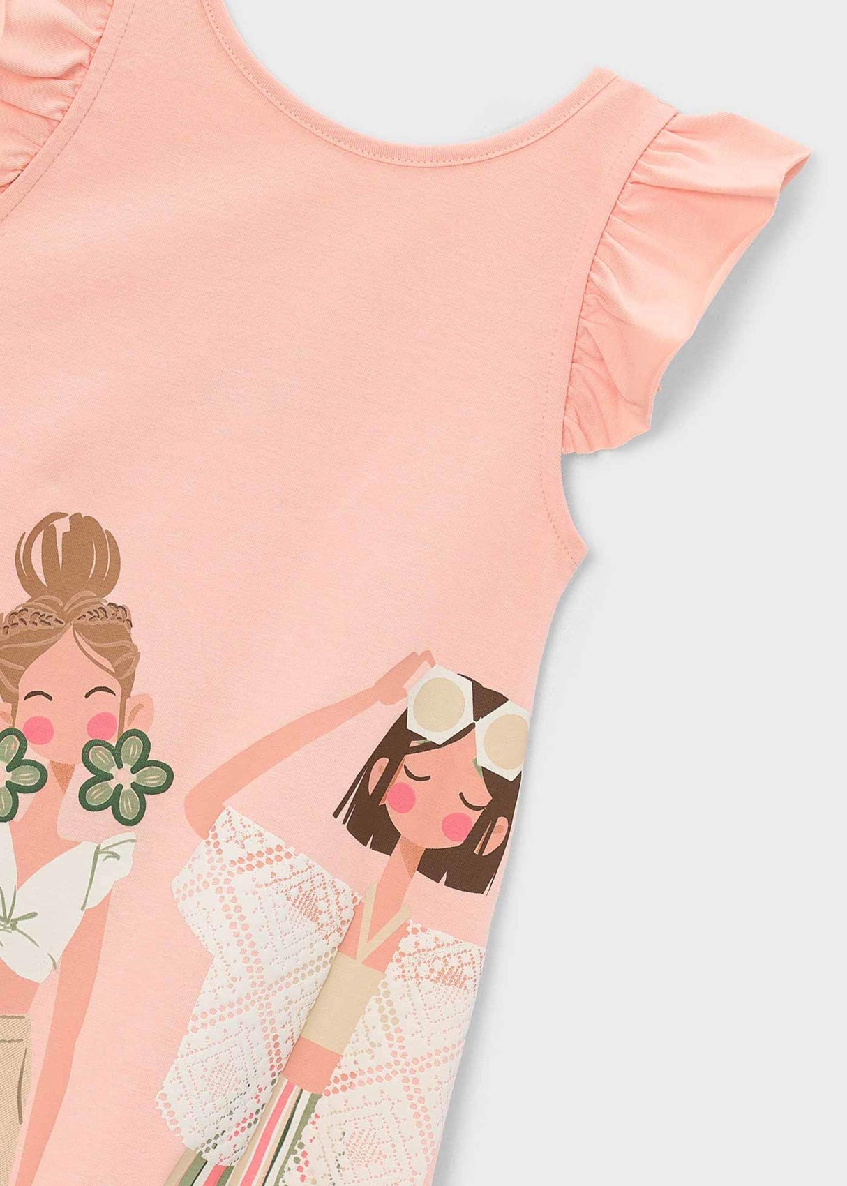 Close-up of Mayoral girls Orange dress with ruffle sleeve and playful graphic print