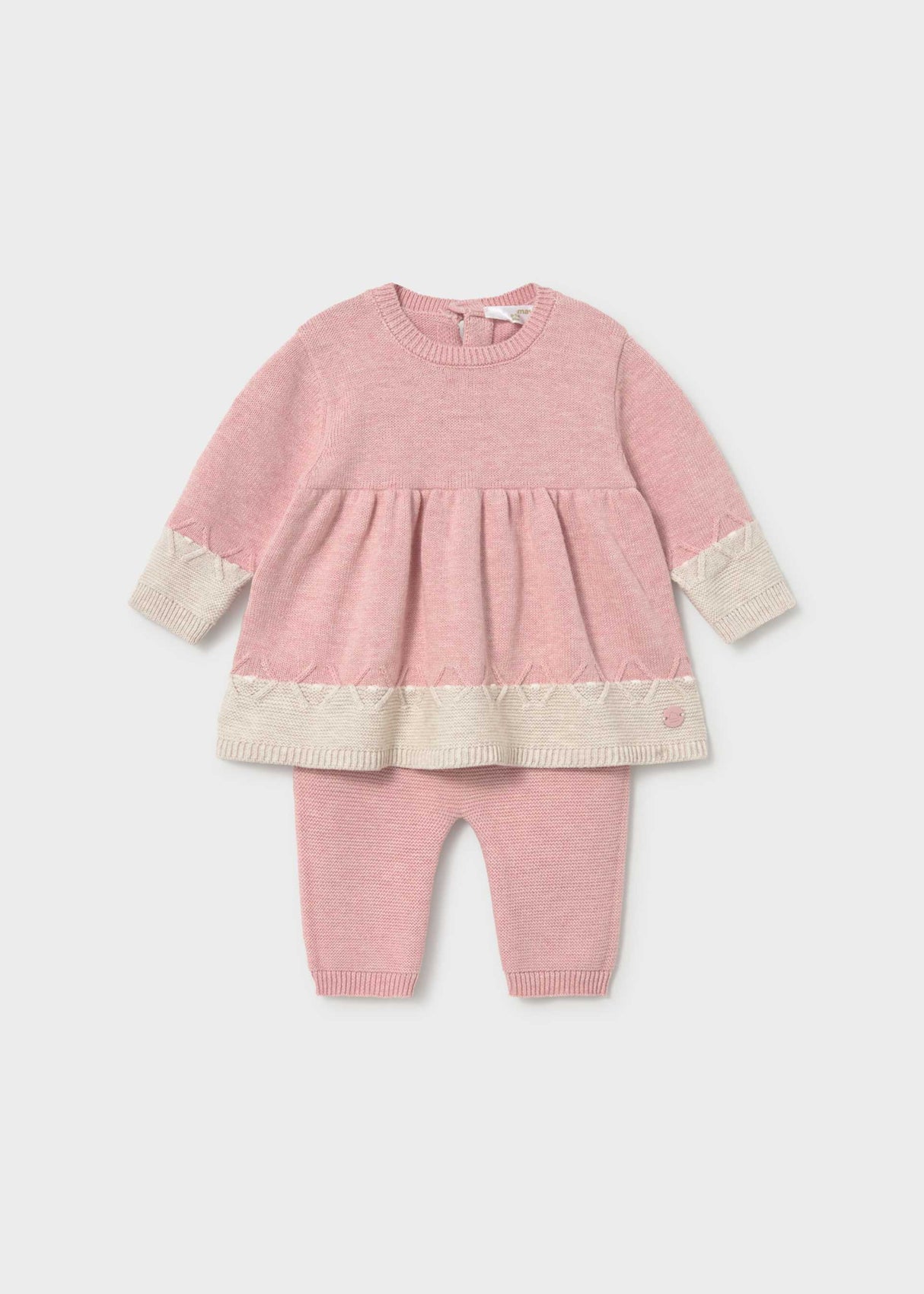 Mayoral newborn baby girl dress with leggings set in soft Pink and Cream 100% cotton.