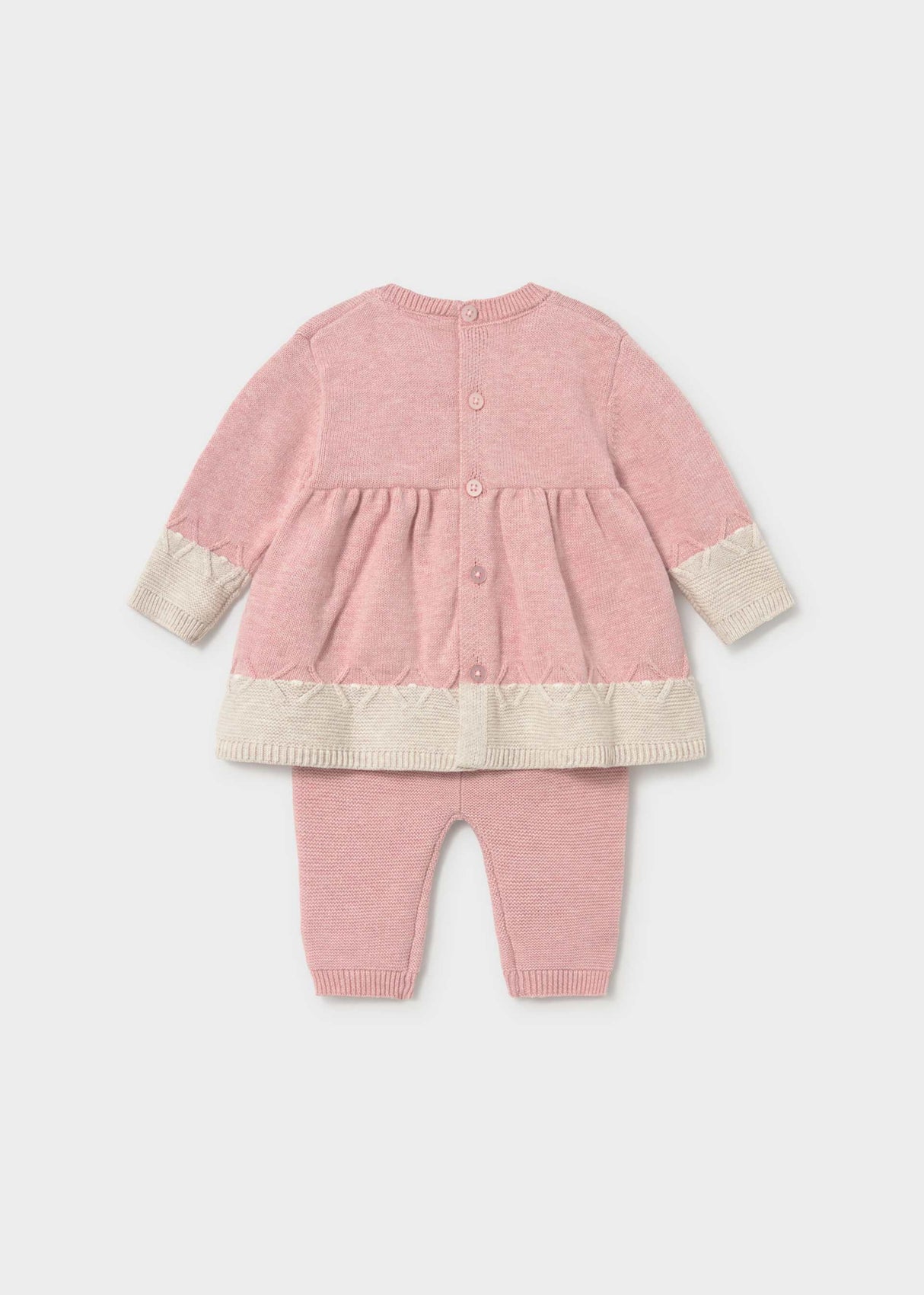 Back view of Mayoral baby girl Pink dress and leggings set with Cream trim details.