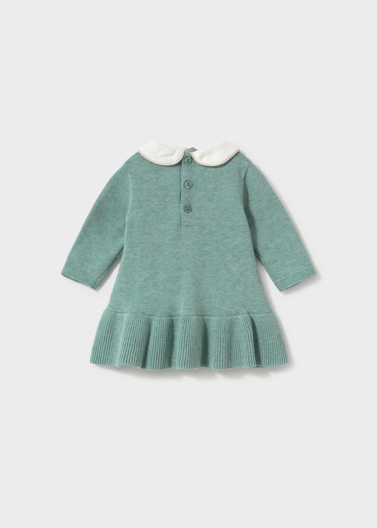 Back of the sage green knit dress with button closure and cream collar
