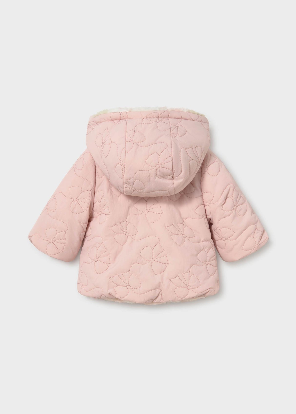 Back view of Mayoral baby girl Pink reversible puffer jacket with hood and cozy padded shape.