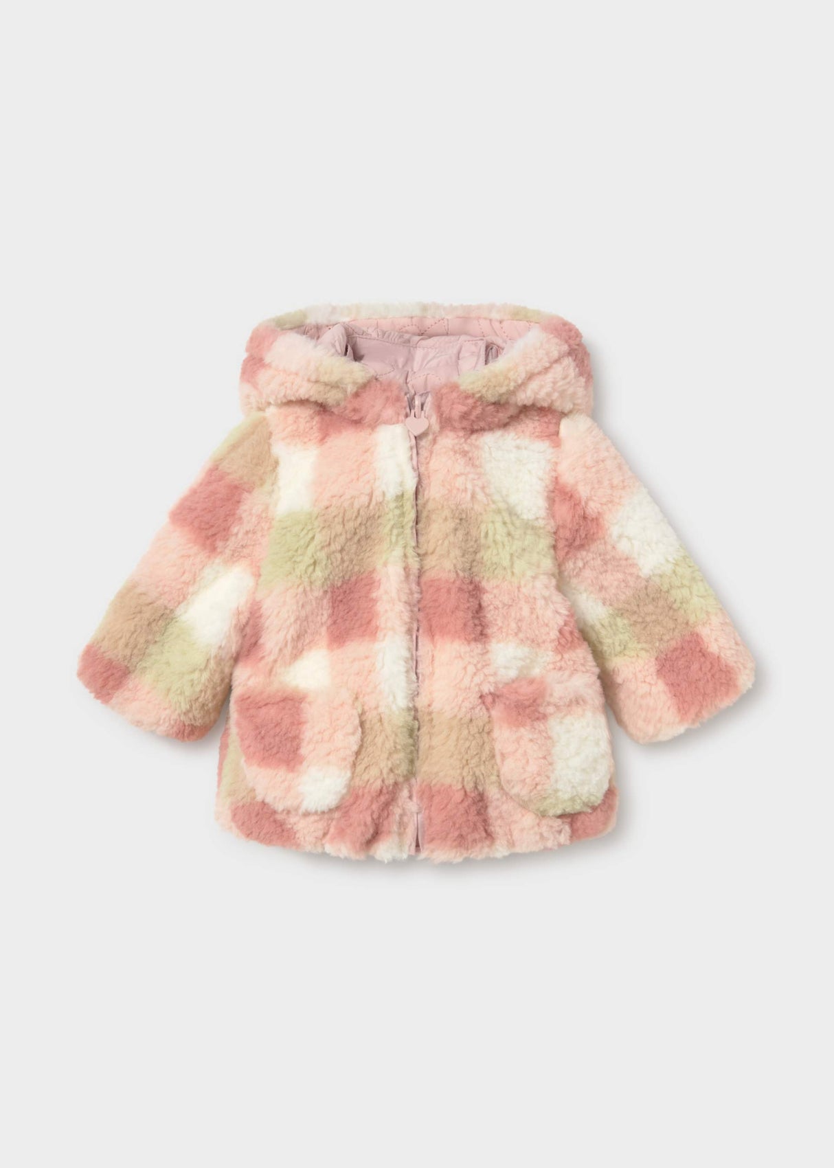 Mayoral newborn girl reversible puffer jacket showing pastel plaid side for a second outfit look.