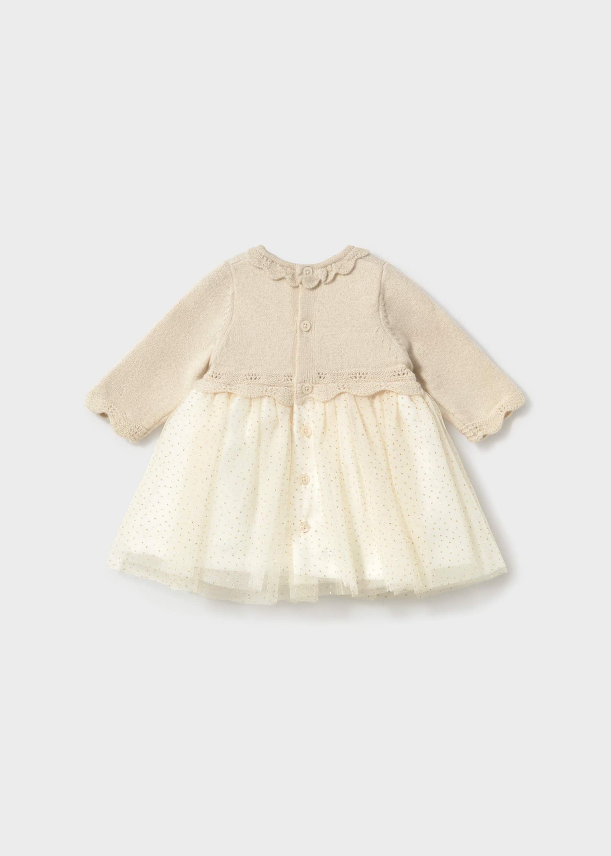 Back view of Mayoral newborn girl Ivory tulle dress with soft layered skirt and long sleeves.