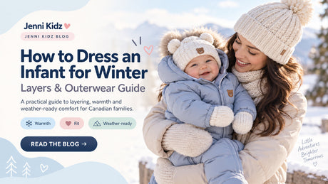 Parent holding an infant in a pale blue winter suit outdoors, beside a guide to winter layers and outerwear.