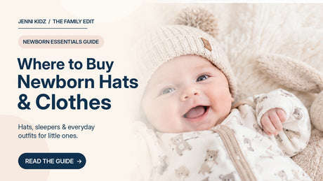 Newborn Hats and Clothes essentials guide with baby in knit hat