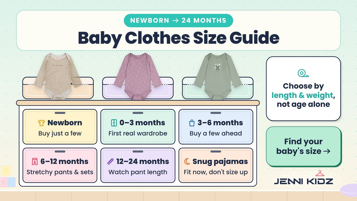 Baby clothes size guide – dresser of size stages with Deux par Deux Onesie Stripes, Purple Floral and Greyish Green