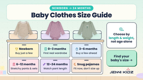 Baby clothes size guide – dresser of size stages with Deux par Deux Onesie Stripes, Purple Floral and Greyish Green