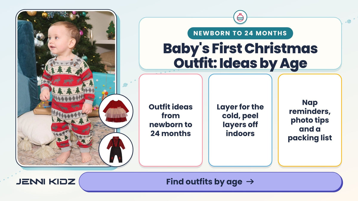 Baby's first Christmas outfit by age – smiling baby in Hatley Holiday Elk Fair Isle sweater romper, plus red dress and houndstooth set