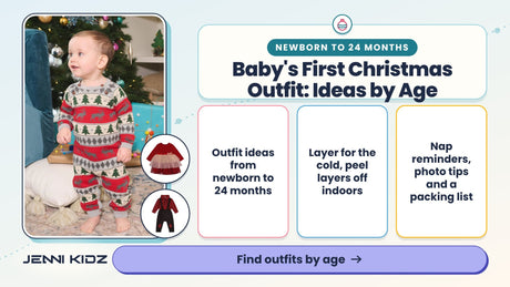 Baby's first Christmas outfit by age – smiling baby in Hatley Holiday Elk Fair Isle sweater romper, plus red dress and houndstooth set