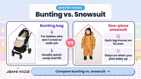 Bunting vs. one-piece snowsuit – Deux par Deux beige bunting bag on a stroller beside a toddler in a Baby Original Puffy Snowsuit
