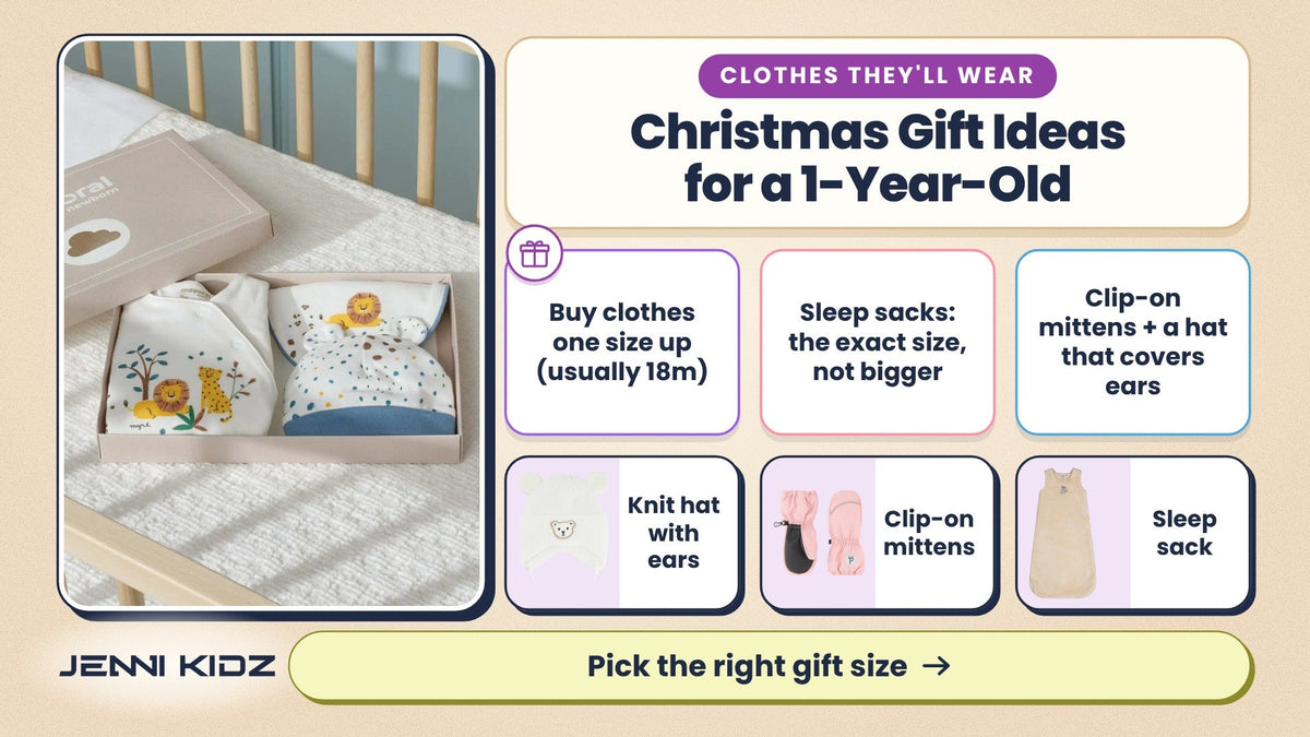 Christmas gift ideas for a 1-year-old – Mayoral 3 Piece Gift Set Baby, plus a knit hat with ears, clip-on mittens and sleep sack