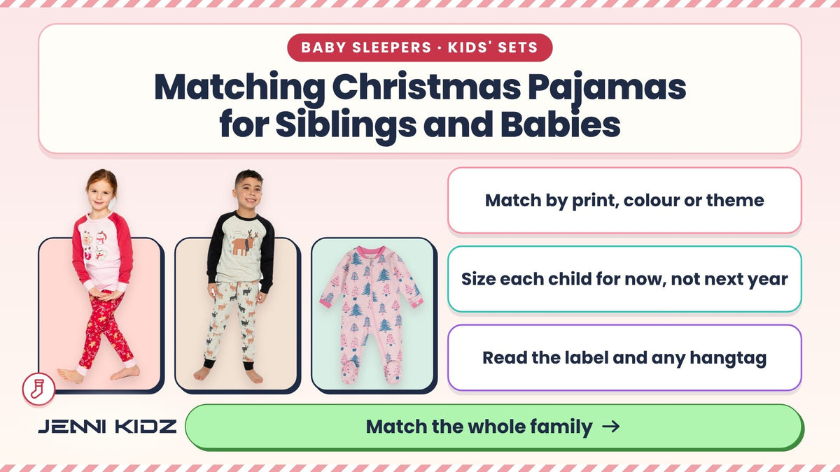 Matching Christmas pajamas for siblings and babies – smiling kids in Deux par Deux gingerbread and elk print sets beside a baby sleeper