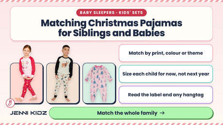 Matching Christmas pajamas for siblings and babies – smiling kids in Deux par Deux gingerbread and elk print sets beside a baby sleeper