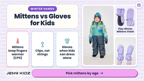 Mittens vs gloves for toddlers and kids – 3 tips beside a smiling boy in a Deux par Deux one-piece snowsuit, plus Play Winter Mittens Violet