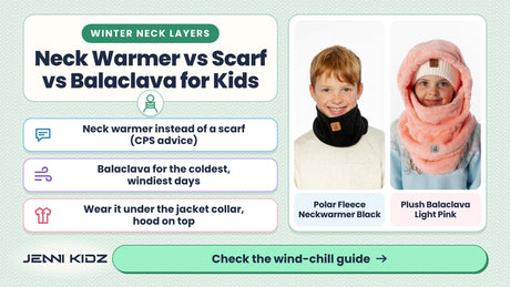 Neck warmer vs scarf vs balaclava for kids – smiling kids in a Deux par Deux Polar Fleece Neckwarmer Black and Plush Balaclava Light Pink