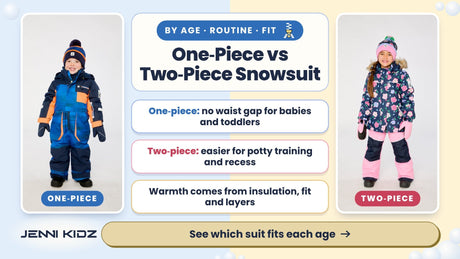One-piece vs two-piece snowsuit – Deux par Deux Play one-piece in blue with black stripes and Discover two-piece navy floral, smiling kids