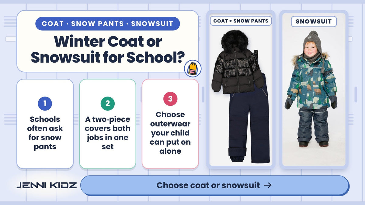 Winter coat or snowsuit for school – Deux par Deux Winter Jacket Black with Play Snow Pants Navy Blue, and Discover Snowsuit Blue Bear Print