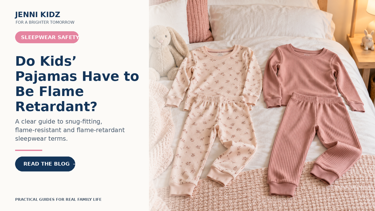 Kids pajamas guide explaining snug fit flame resistant and flame retardant sleepwear terms