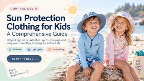 Two children in long-sleeved swimwear and wide-brim hats at the beach, beside a sun protection clothing guide.